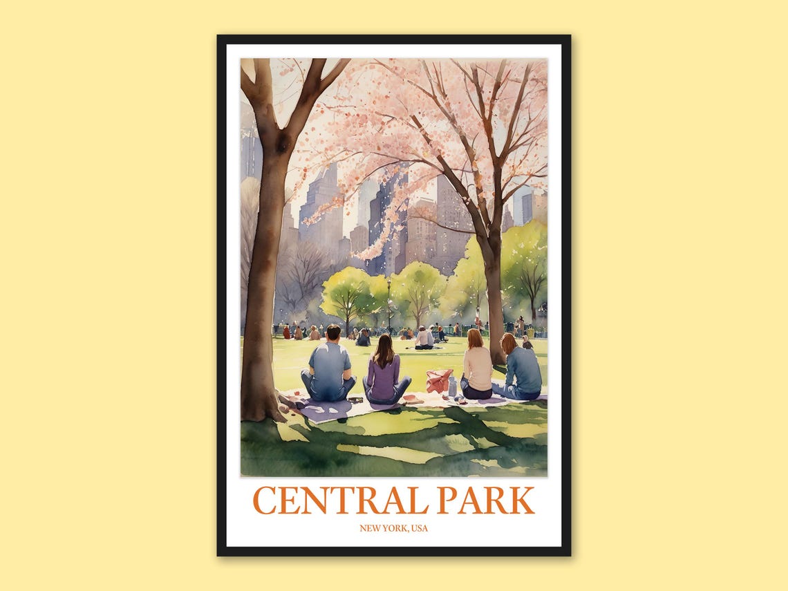 Central Park Spring Picnic Cherry Blossoms New York Travel Poster