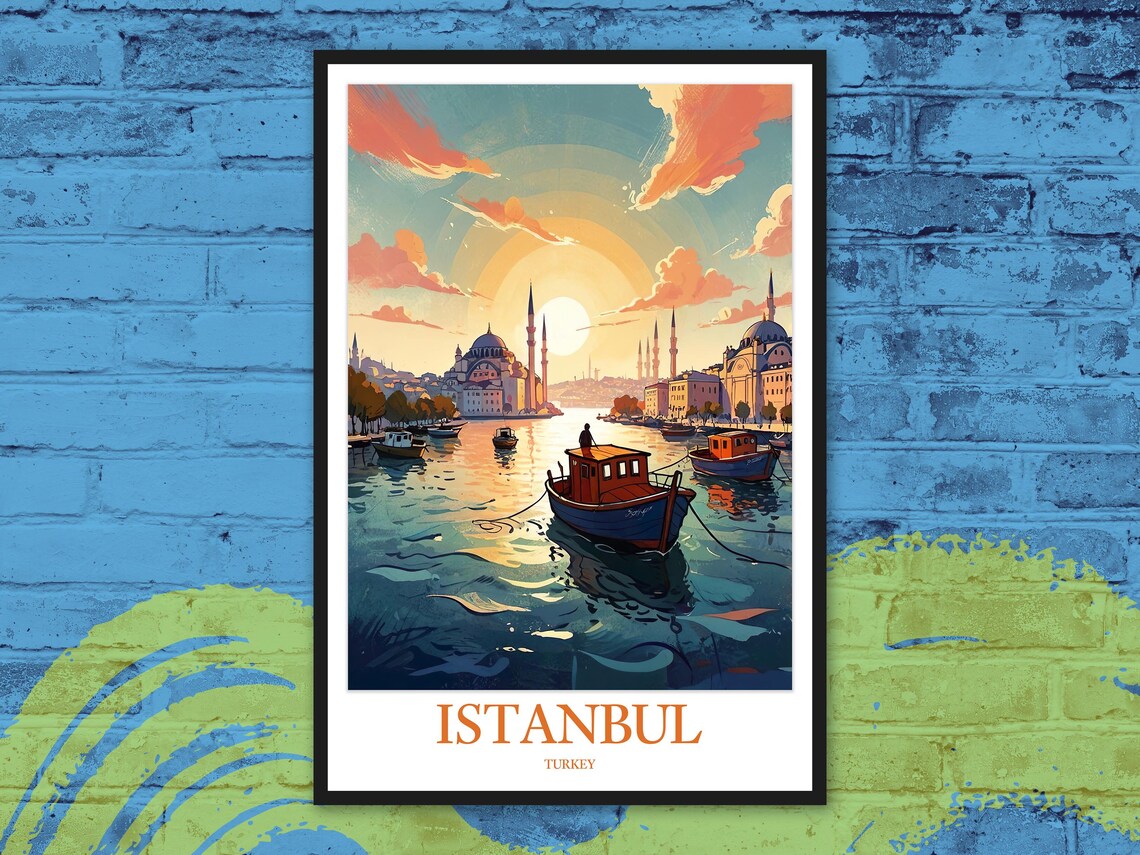 Istanbul Turkey Sunrise Harbor Fishing Boats Colorful Travel Poster