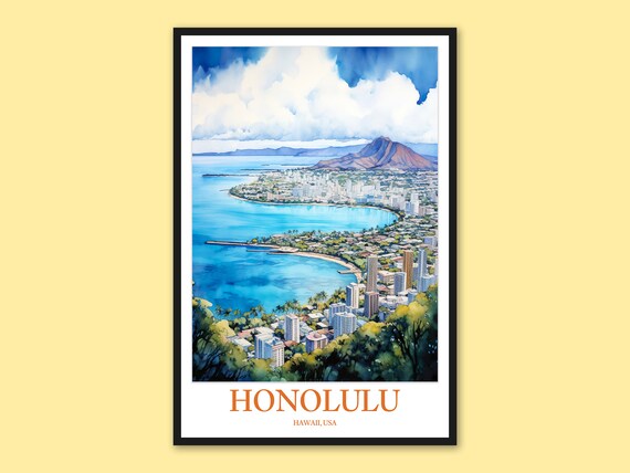 Honolulu Hawaii Waikiki Aerial Beach Diamond Head Travel Poster