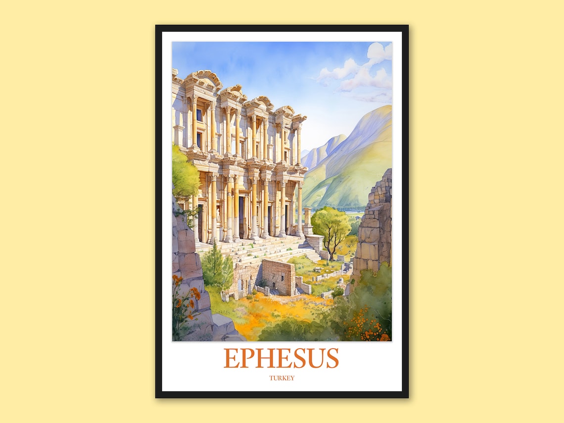 Ephesus Turkey Ancient Roman Ruins Library Watercolor Travel Poster