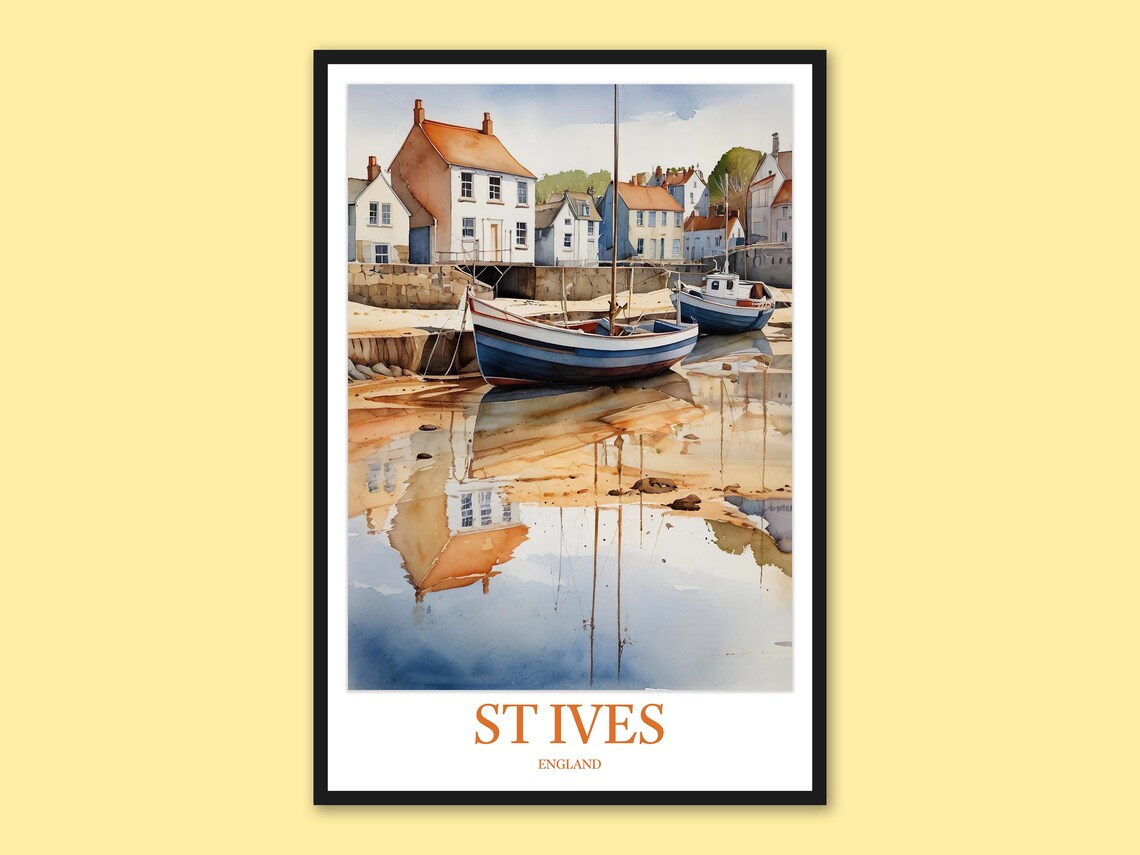 St Ives England Low Tide Boats Harbour Watercolor Travel Poster