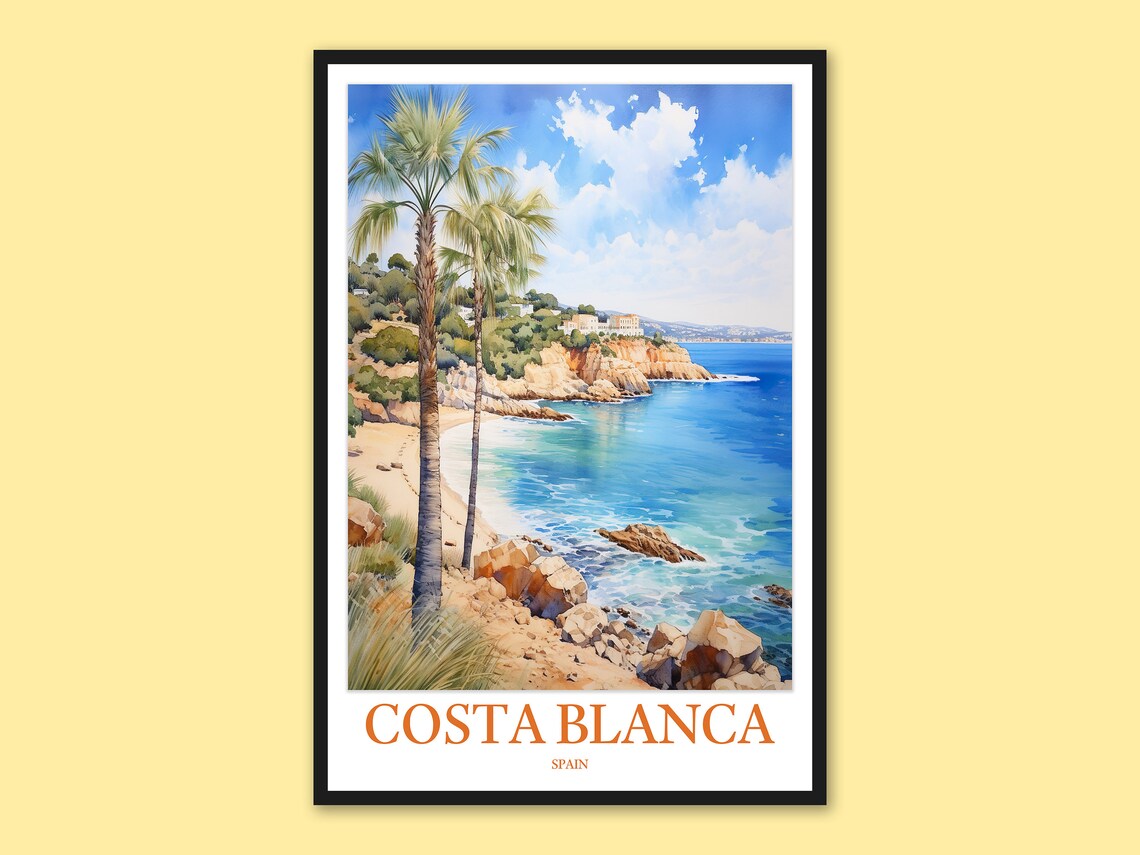 Costa Blanca Spain Rocky Cove Watercolor Beach Travel Poster