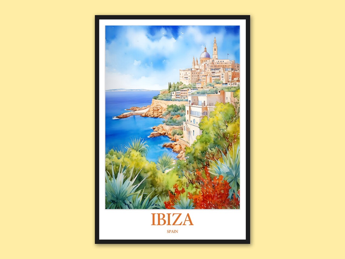 Ibiza Spain Old Town Cathedral Turquoise Watercolor Coastal Poster