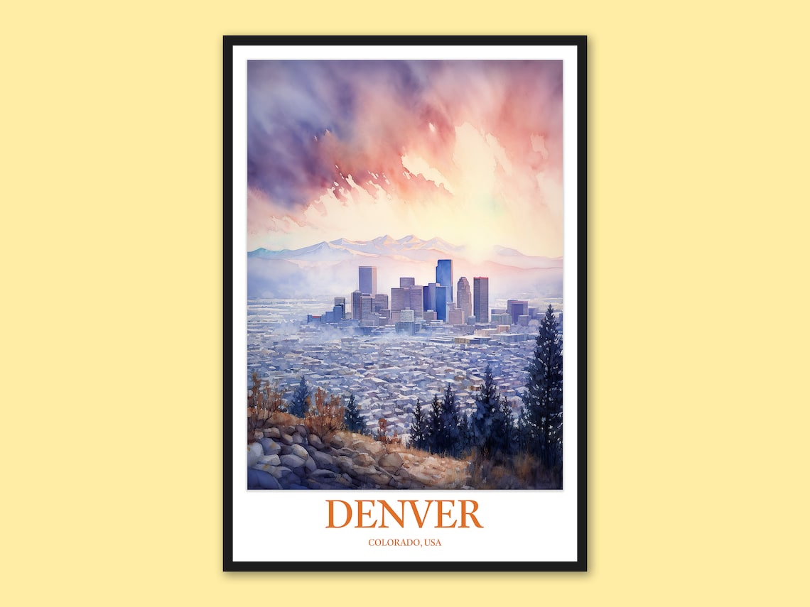 Denver Colorado Pine Ridge Sunset Skyline Watercolor Travel Poster