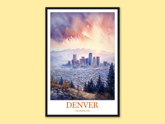 Denver Colorado Pine Ridge Sunset Skyline Watercolor Travel Poster