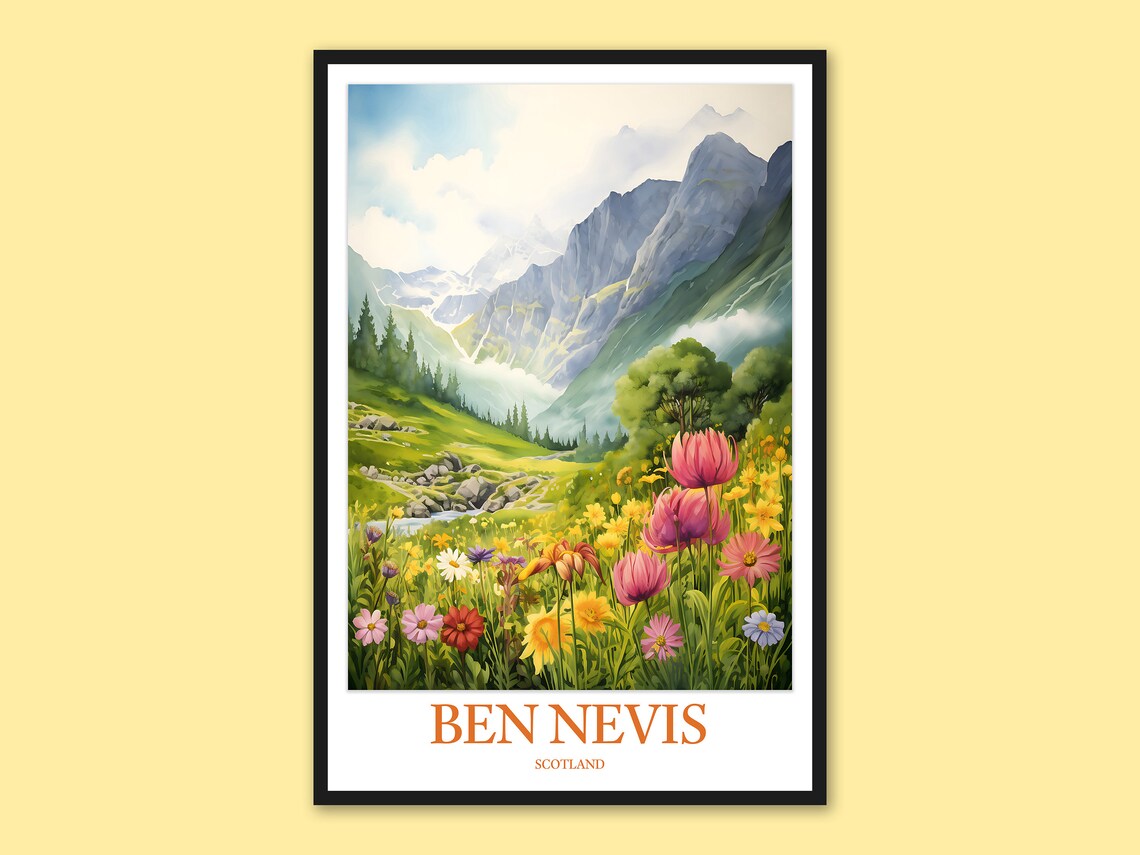 Ben Nevis Scotland Wildflower Meadow Mountain Travel Art Poster