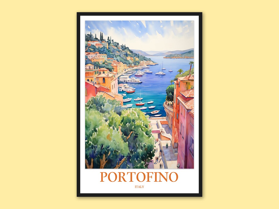 Portofino Italy Elevated Waterfront Watercolor Travel Poster