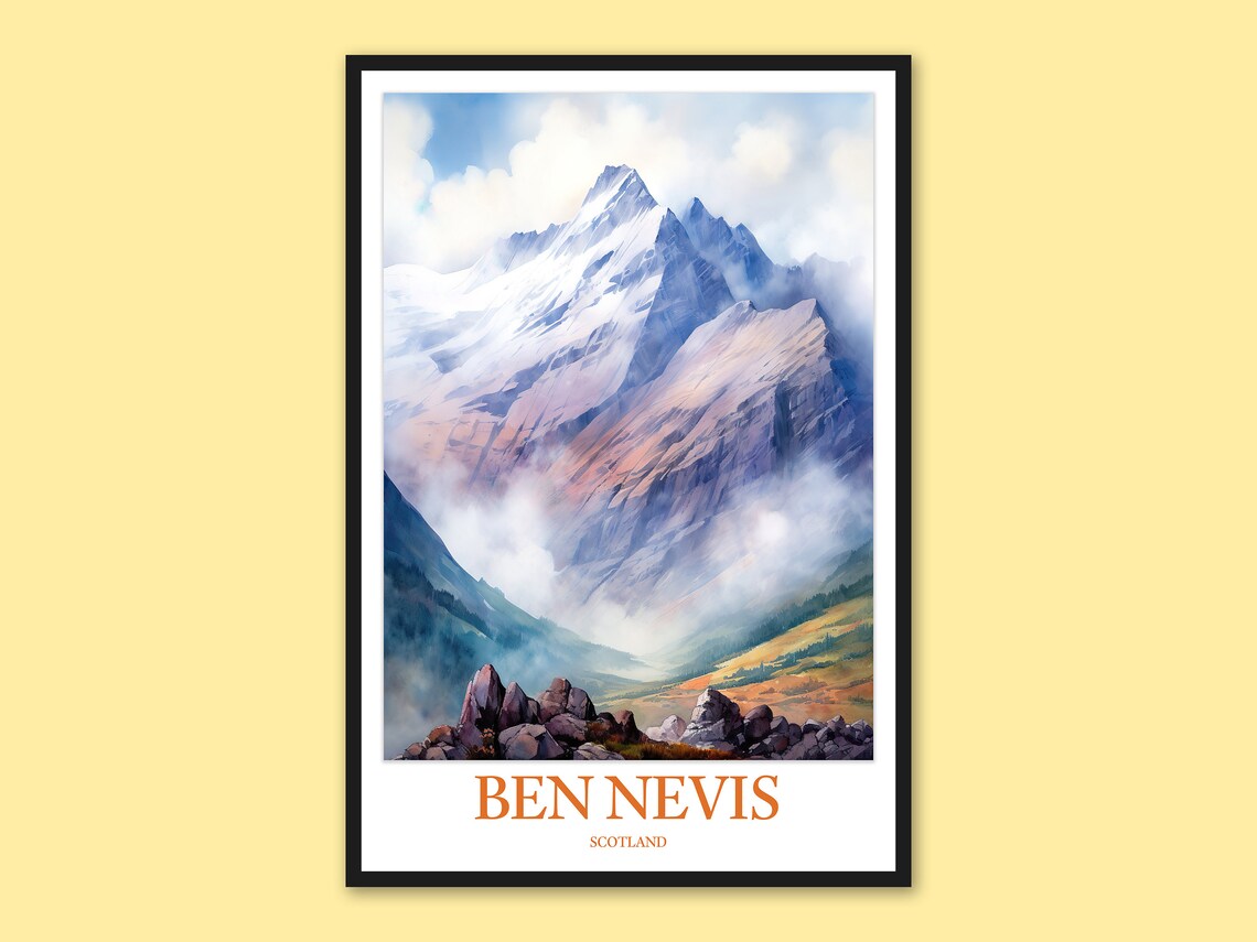 Ben Nevis Scotland Watercolor Poster Misty Snowy Mountain Peak