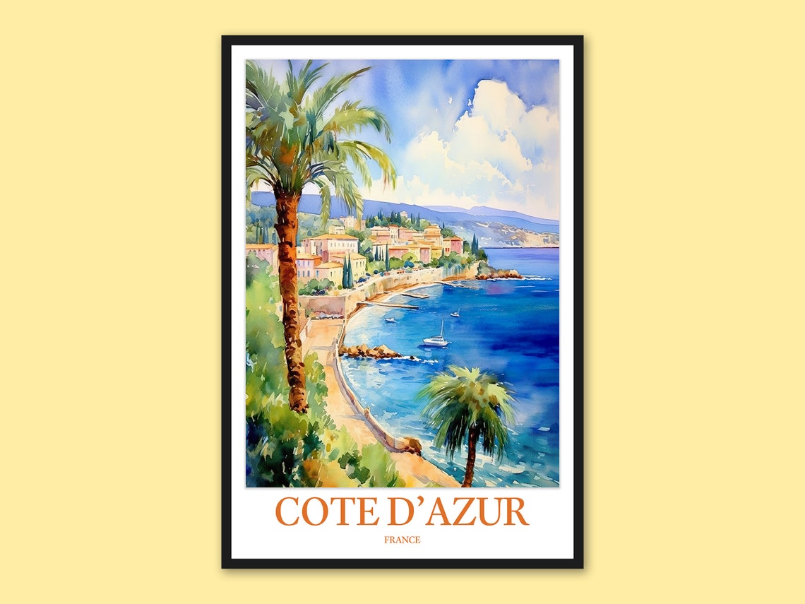 Cote D Azur France Palm Coast Watercolor Riviera Travel Poster