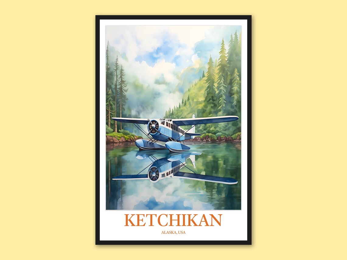 Ketchikan Alaska Seaplane Calm Lake Forest Watercolor Poster