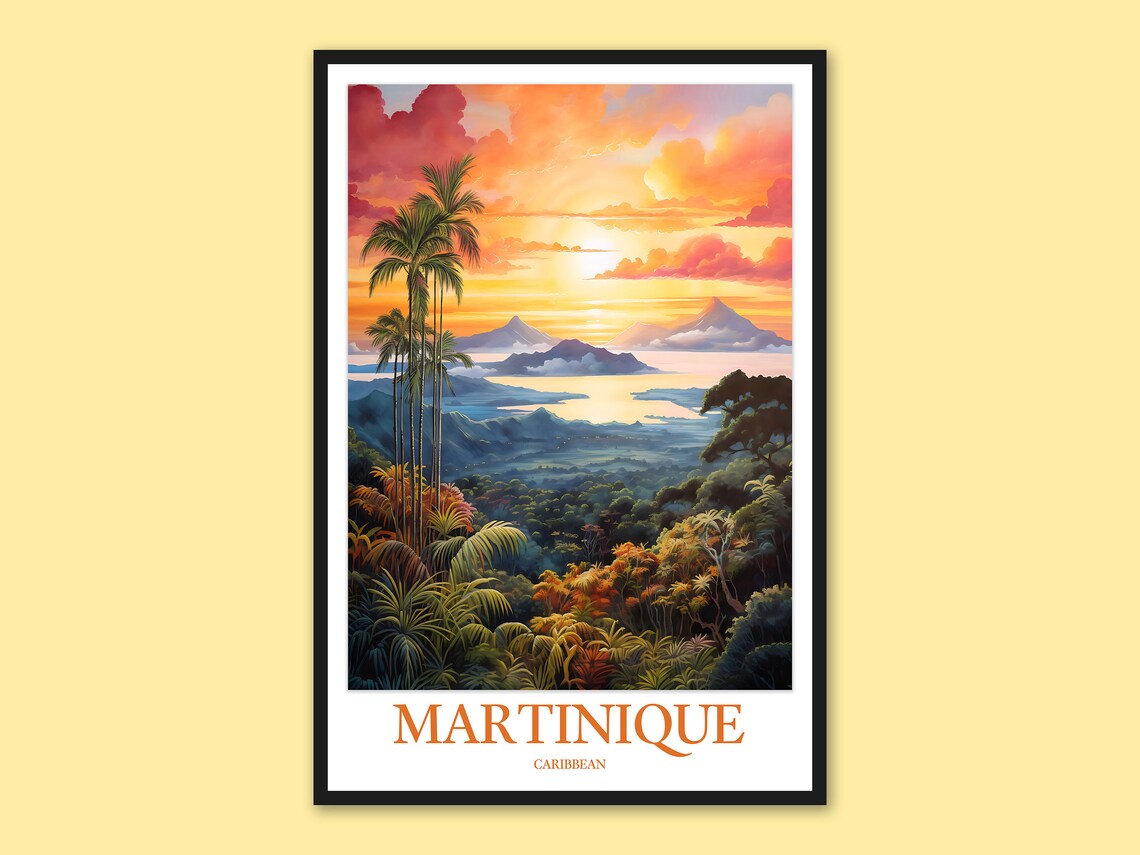 Martinique Caribbean Sunrise Palms Over Mount Pele Travel Poster