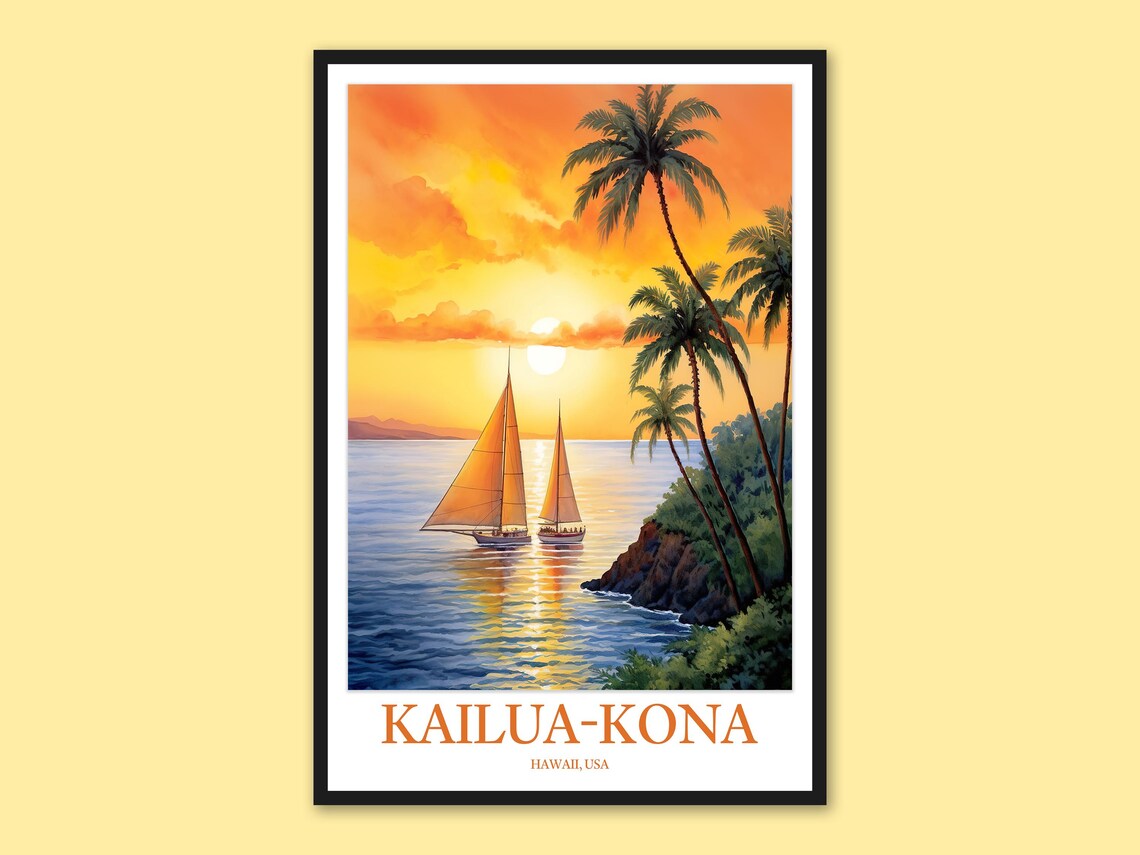 Kailua Kona Sailboats Gliding at Sunset on a Golden Ocean Poster