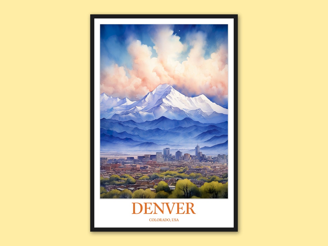 Denver Colorado Snowy Rockies Panorama Morning Sky Travel Poster