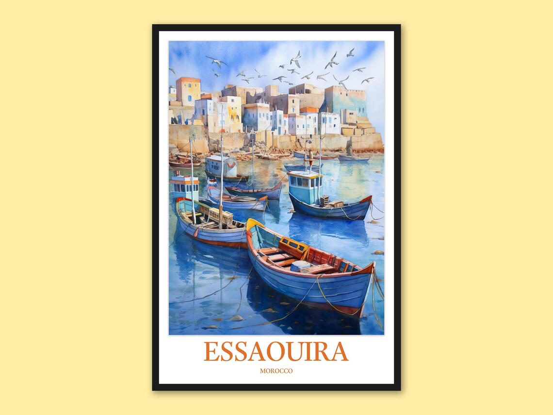 Essaouira Morocco Old Rampart Harbor Fishing Boats Watercolor Art Poster