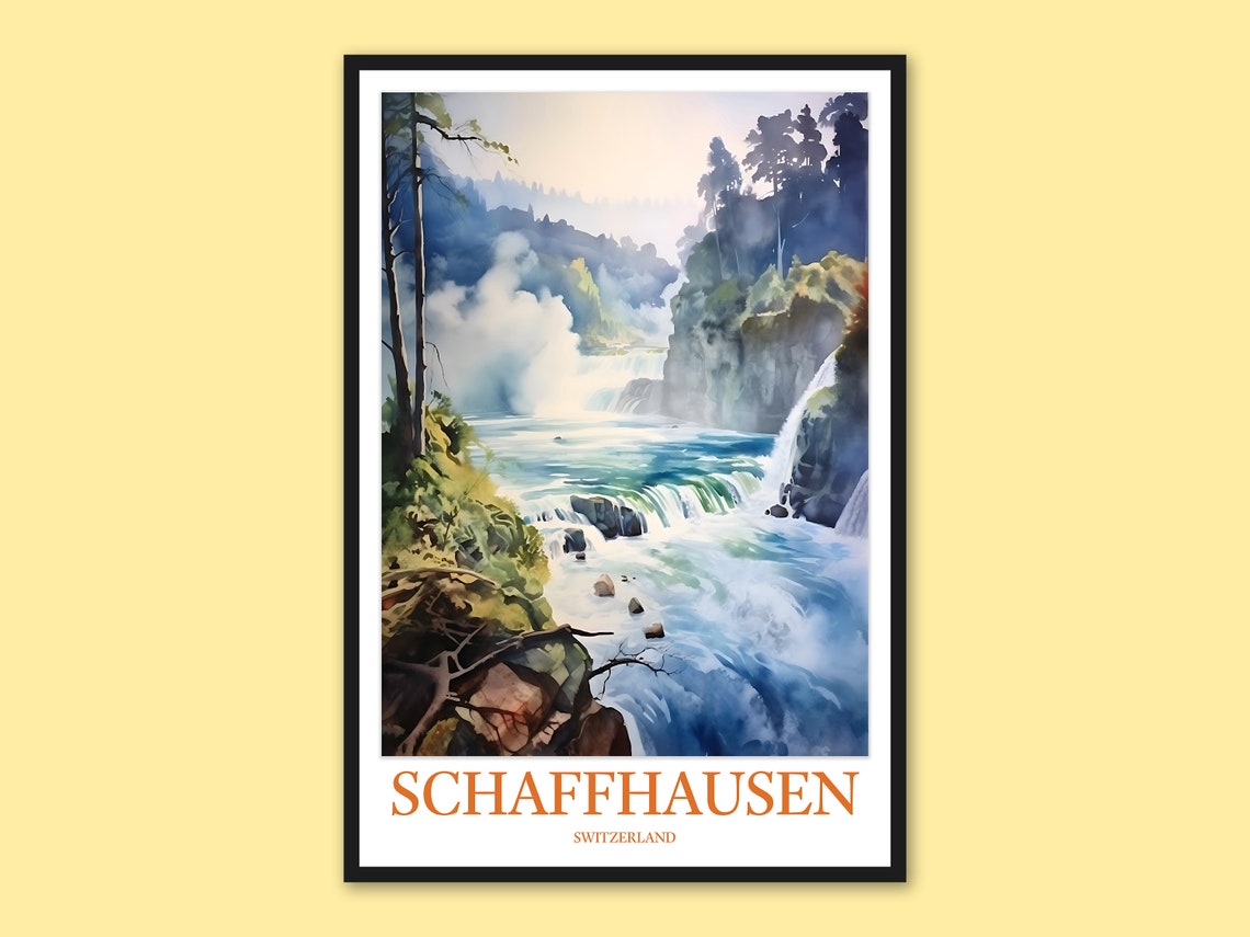 Schaffhausen Switzerland Misty Falls Canyon Watercolor Poster