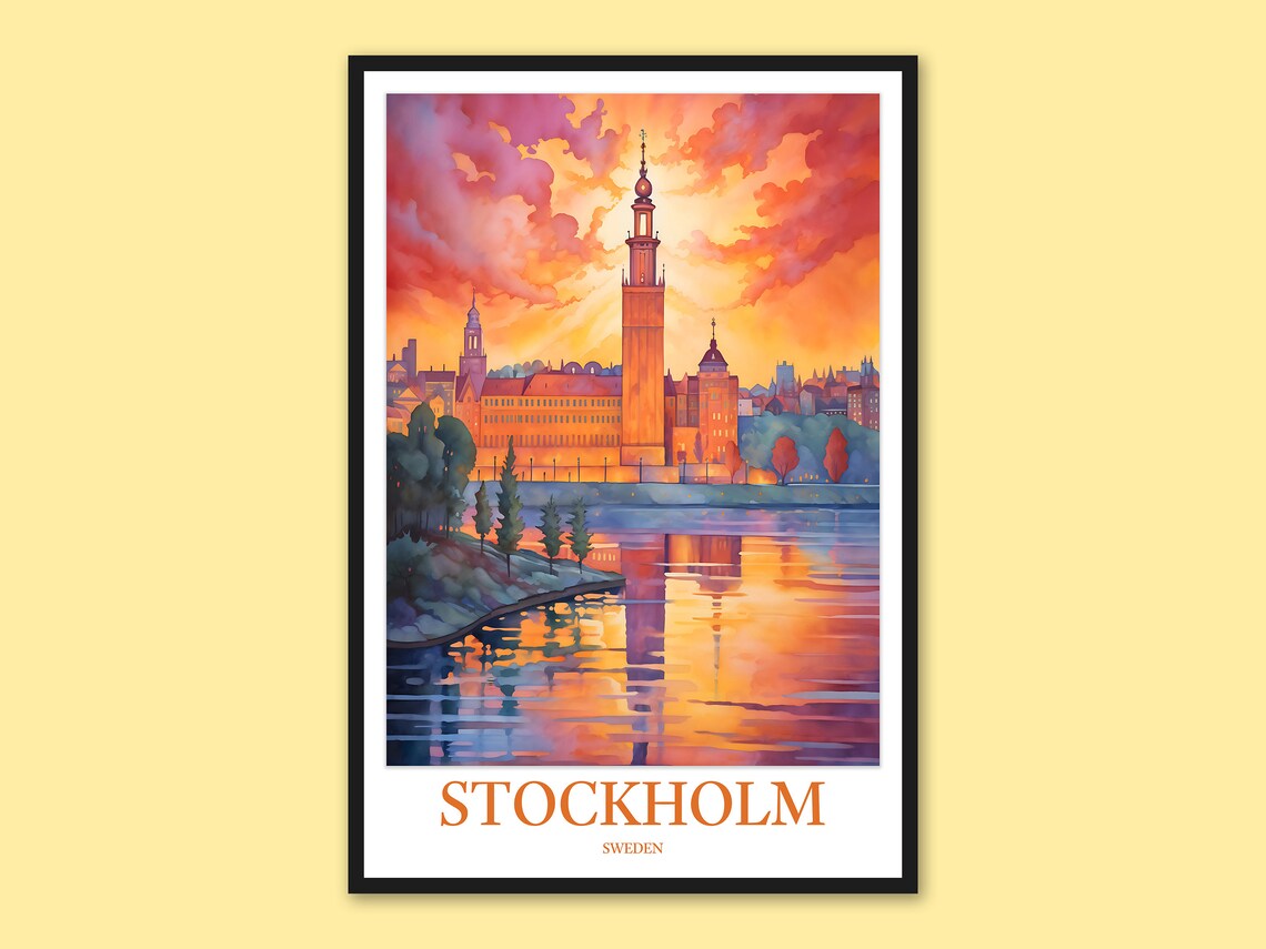 Stockholm City Hall Tower Sunset Waterfront Travel Art Poster