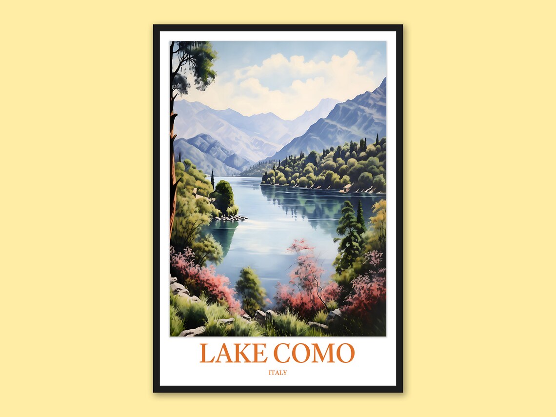 Lake Como Blooming Flowers Over Mountain Lake Vista Italy Poster