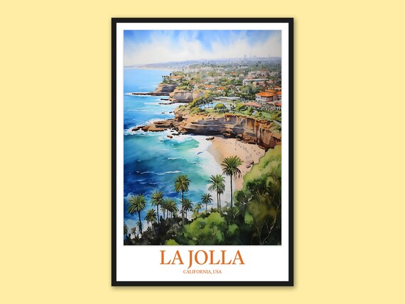 La Jolla California Panoramic Cliffs and Beach Watercolor Travel Art Poster