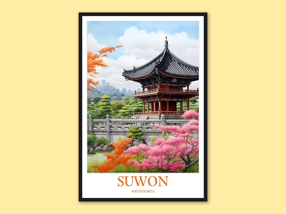 Suwon South Korea Stone Bridge Temple Blossom Travel Poster Art