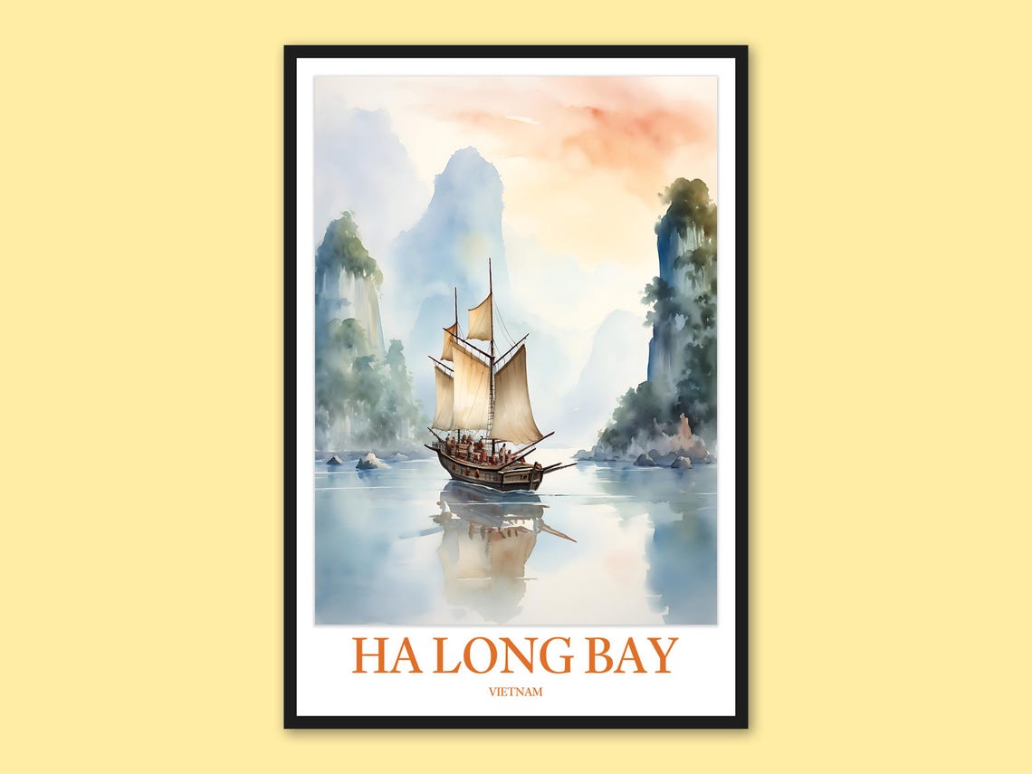 Ha Long Bay Vietnam Junk Boat Misty Karsts Watercolor Poster