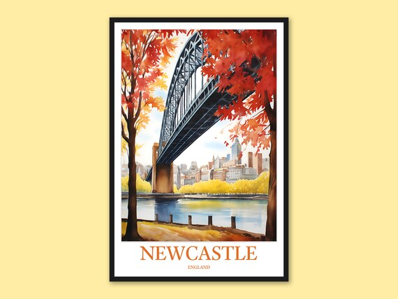Newcastle Tyne Bridge Autumn Poster, Red Foliage England Travel Art