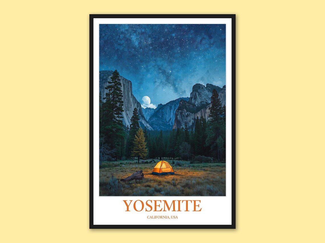 Yosemite California Moonrise Meadow Tent Night Sky Travel Poster