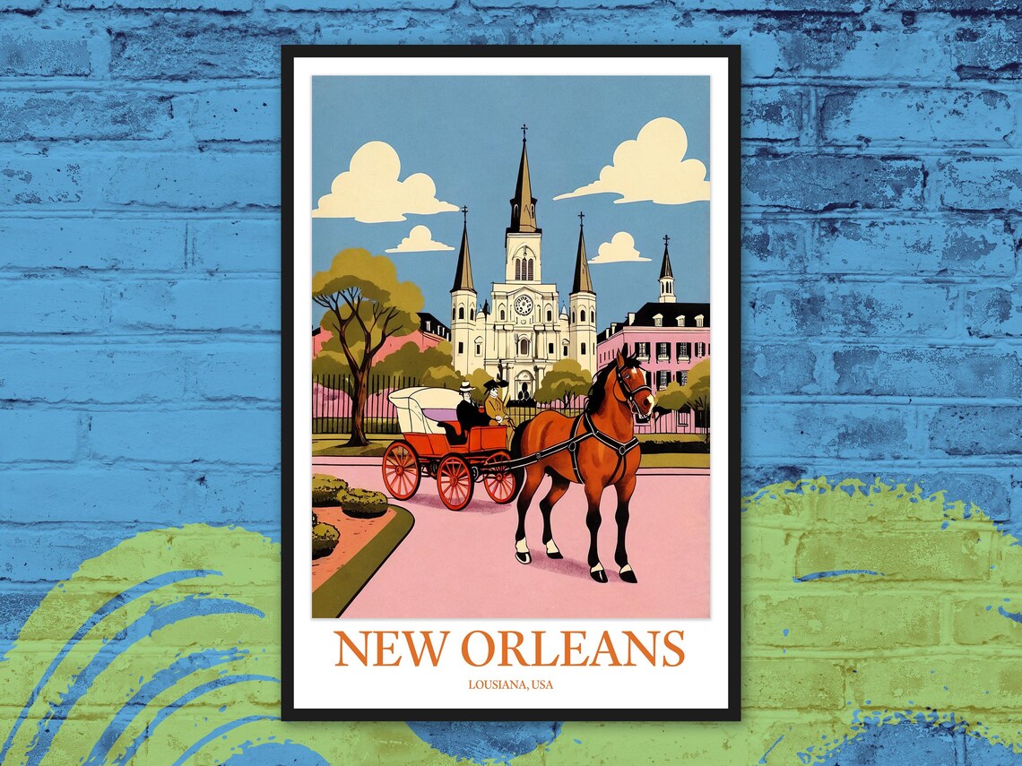 New Orleans Horse Carriage Cathedral Colorful Retro Travel Poster