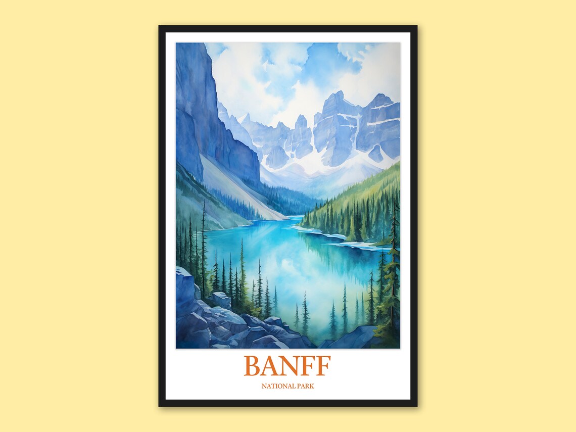Banff National Park Moraine Lake Rocky Cliffs Pines Travel Poster