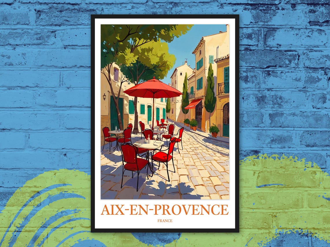 Aix-en-Provence Tree-Lined Cobblestone Cafe Alley Travel Poster