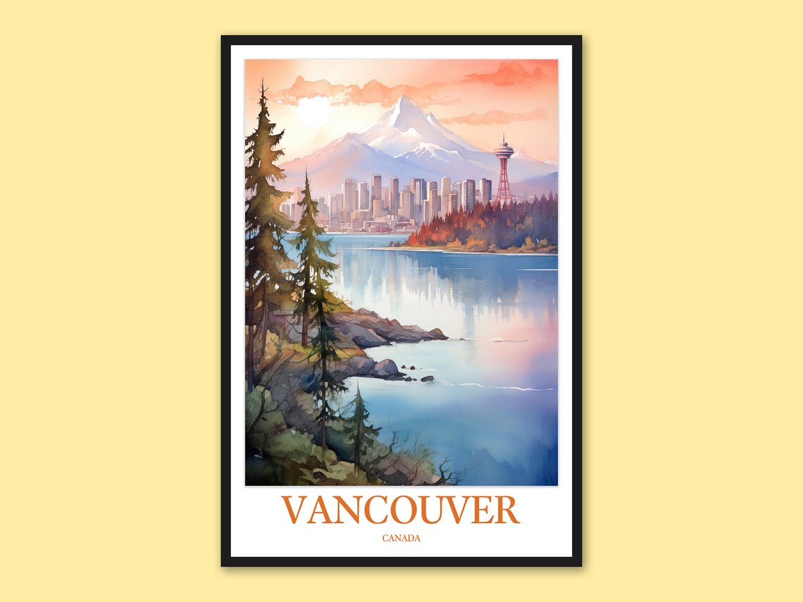 Vancouver Canada Skyline Watercolor Sunset Travel Art Poster