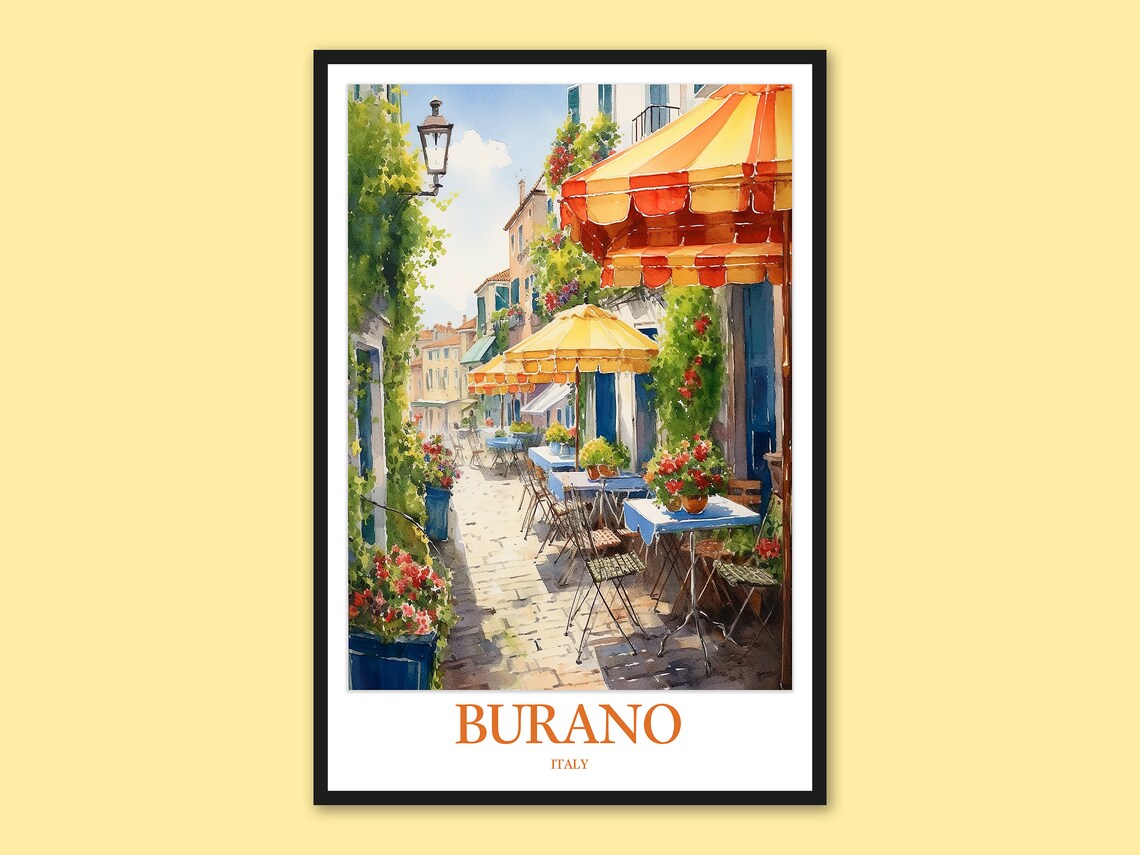 Burano Italy Striped Awning Cafe Terrace Watercolor Travel Poster