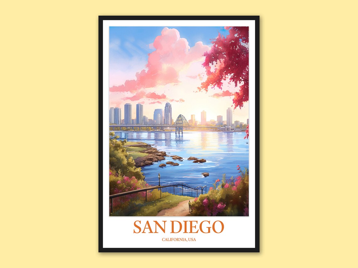 San Diego Bay Sunset Watercolor Skyline Travel Poster California