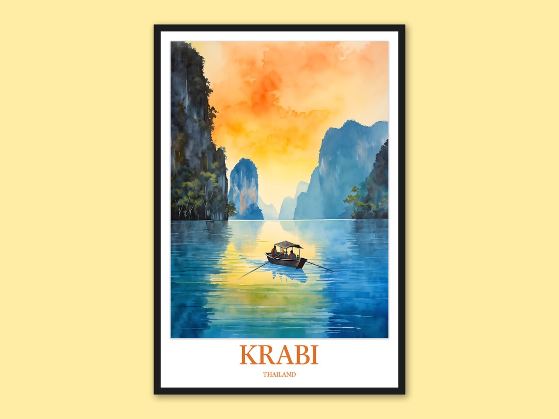 Krabi Thailand Karst Canyon Lagoon Boat Sunset Travel Poster