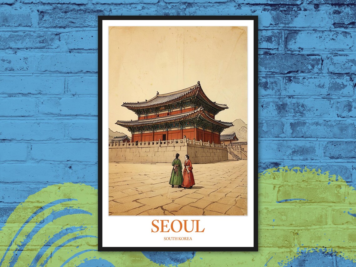 Seoul South Korea Gyeongbokgung Palace Hanbok Retro Travel Poster
