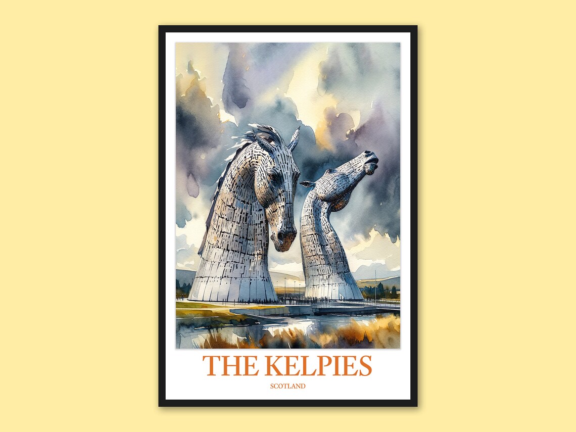 The Kelpies Scotland Giant Horse Statues Watercolor Travel Poster