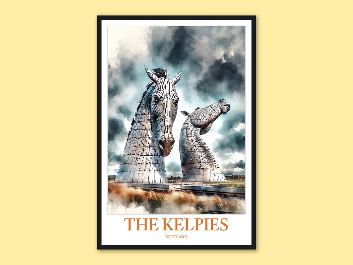 The Kelpies Scotland Horse Sculpture Watercolor Travel Poster