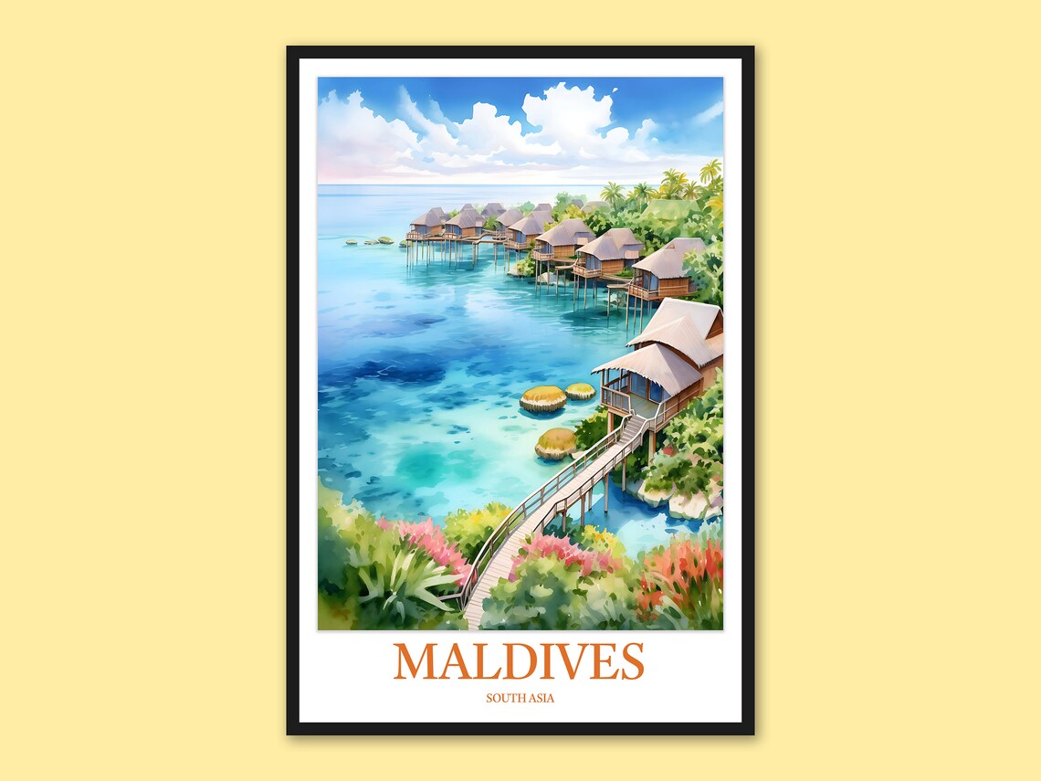 Maldives Overwater Bungalows Turquoise Lagoon Watercolor Poster