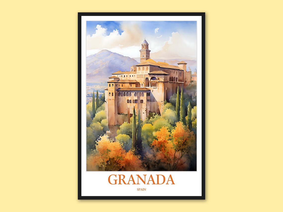Granada Spain Alhambra Palace Autumn Watercolor Travel Poster