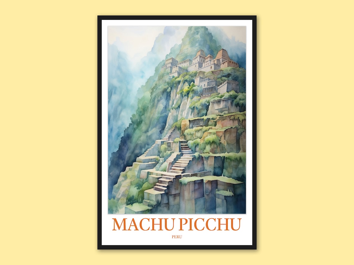 Machu Picchu Peru Misty Terraces Watercolor Travel Art Wall Decor Poster