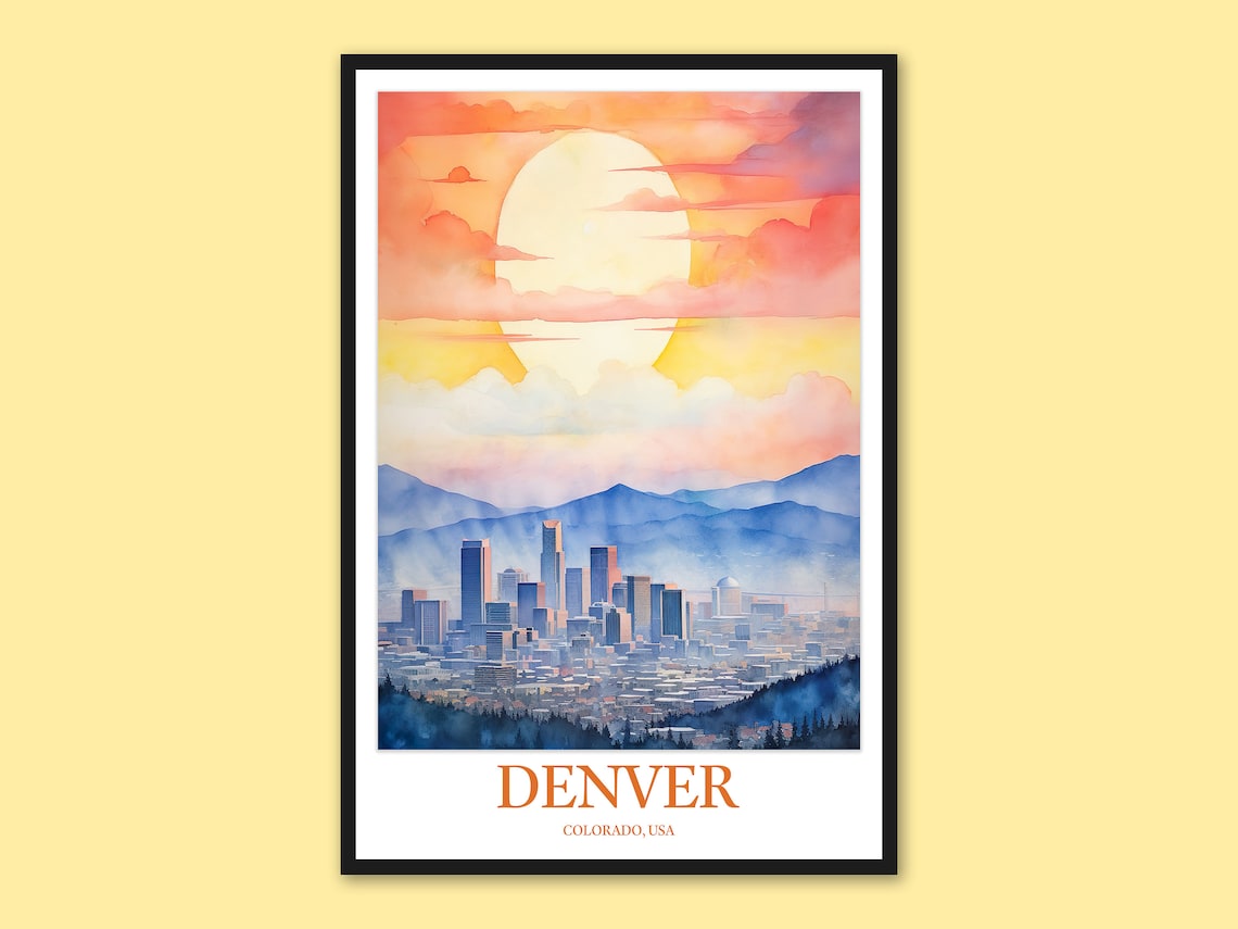 Denver Colorado Golden Sunset Skyline Watercolor Travel Poster