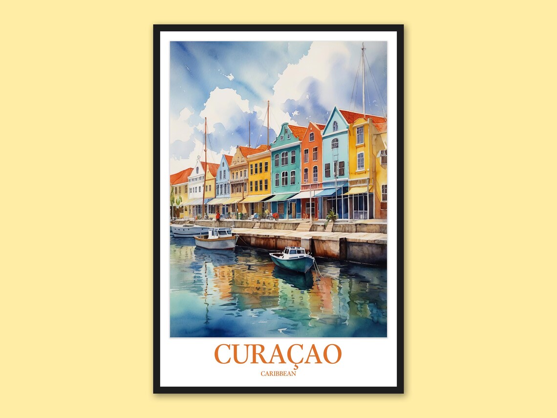 Curaçao Caribbean Colorful Buildings Boats Watercolor Poster