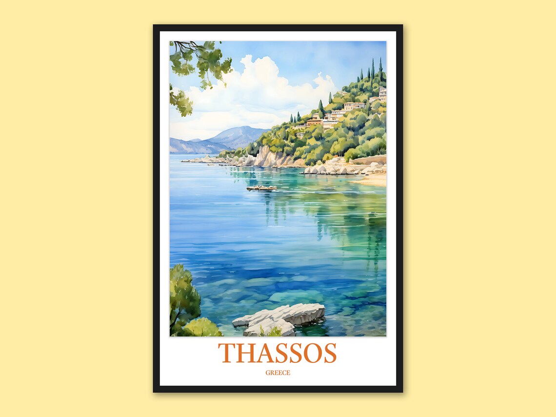 Thassos Greece Calm Blue Bay Lone Boat Watercolor Travel Poster