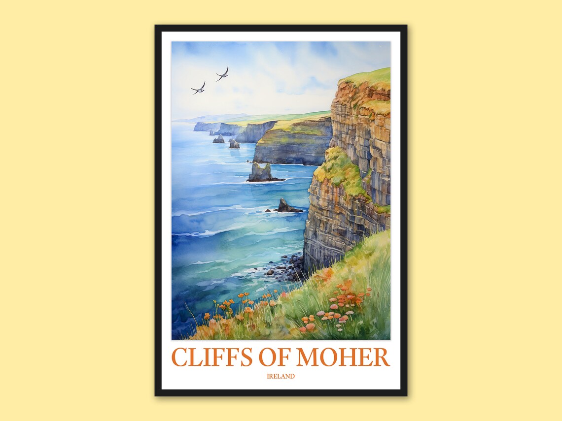 Cliffs Of Moher Ireland Atlantic Coastal Watercolor Travel Wall Art