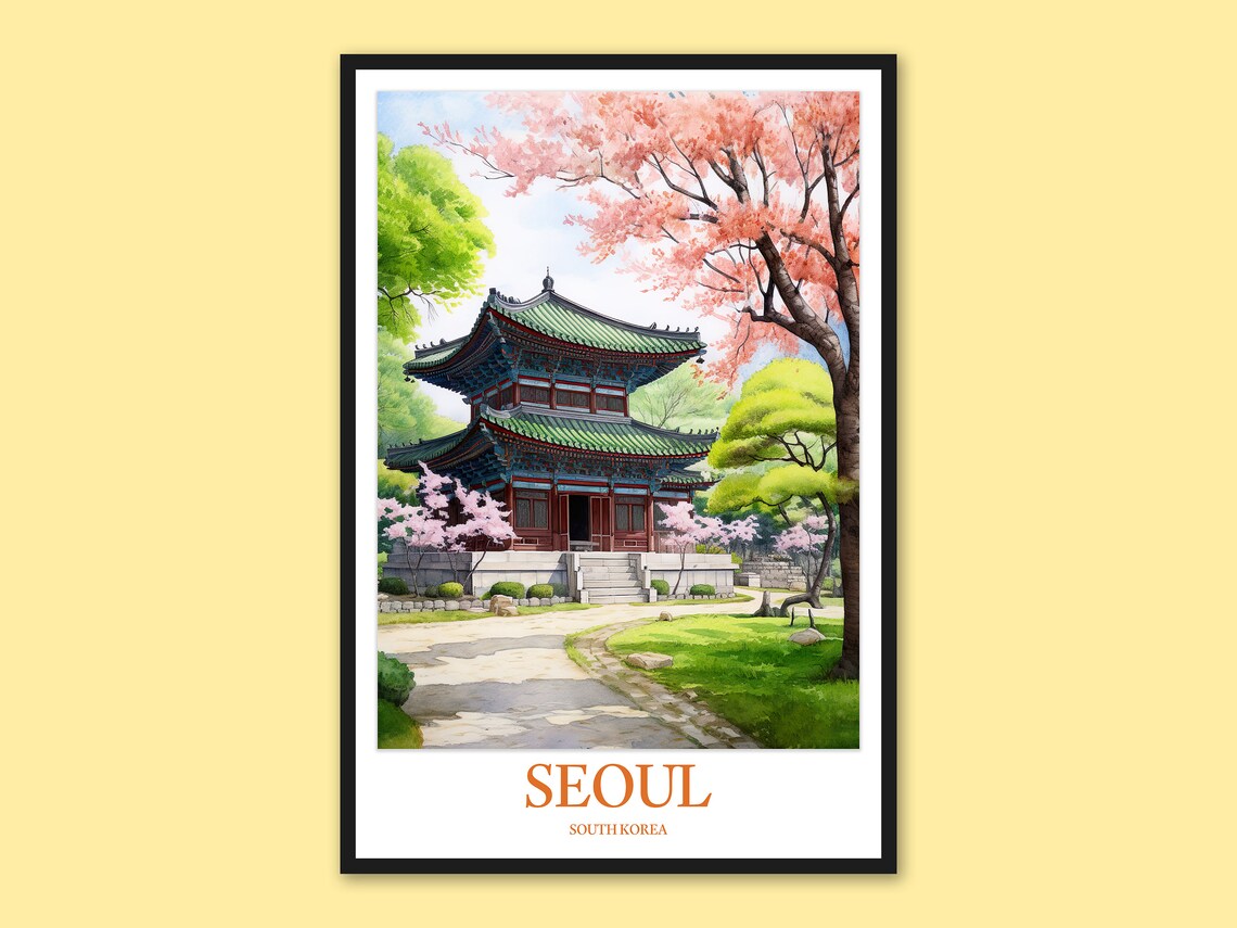 Seoul South Korea Cherry Blossom Palace Watercolor Travel Poster