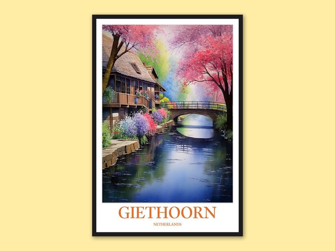 Giethoorn Netherlands Canal Blossom Trees Spring Village Poster Art