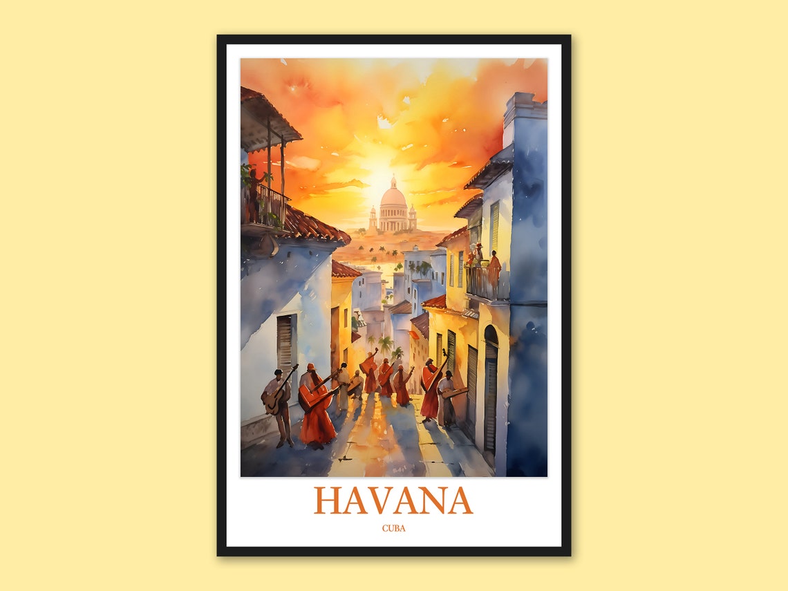 Havana Cuba Sunset Street Scene With Domed Capitol Watercolor Poster