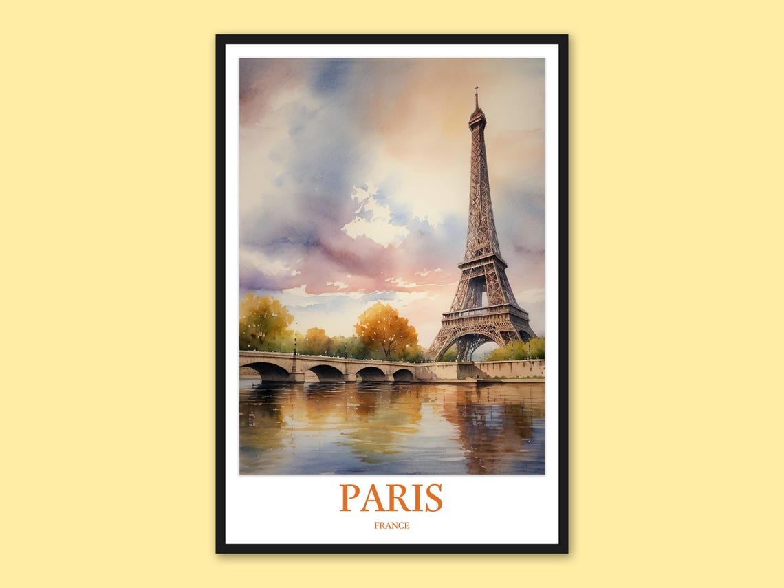 Paris Eiffel Tower Stone Bridge Seine Watercolor Travel Poster