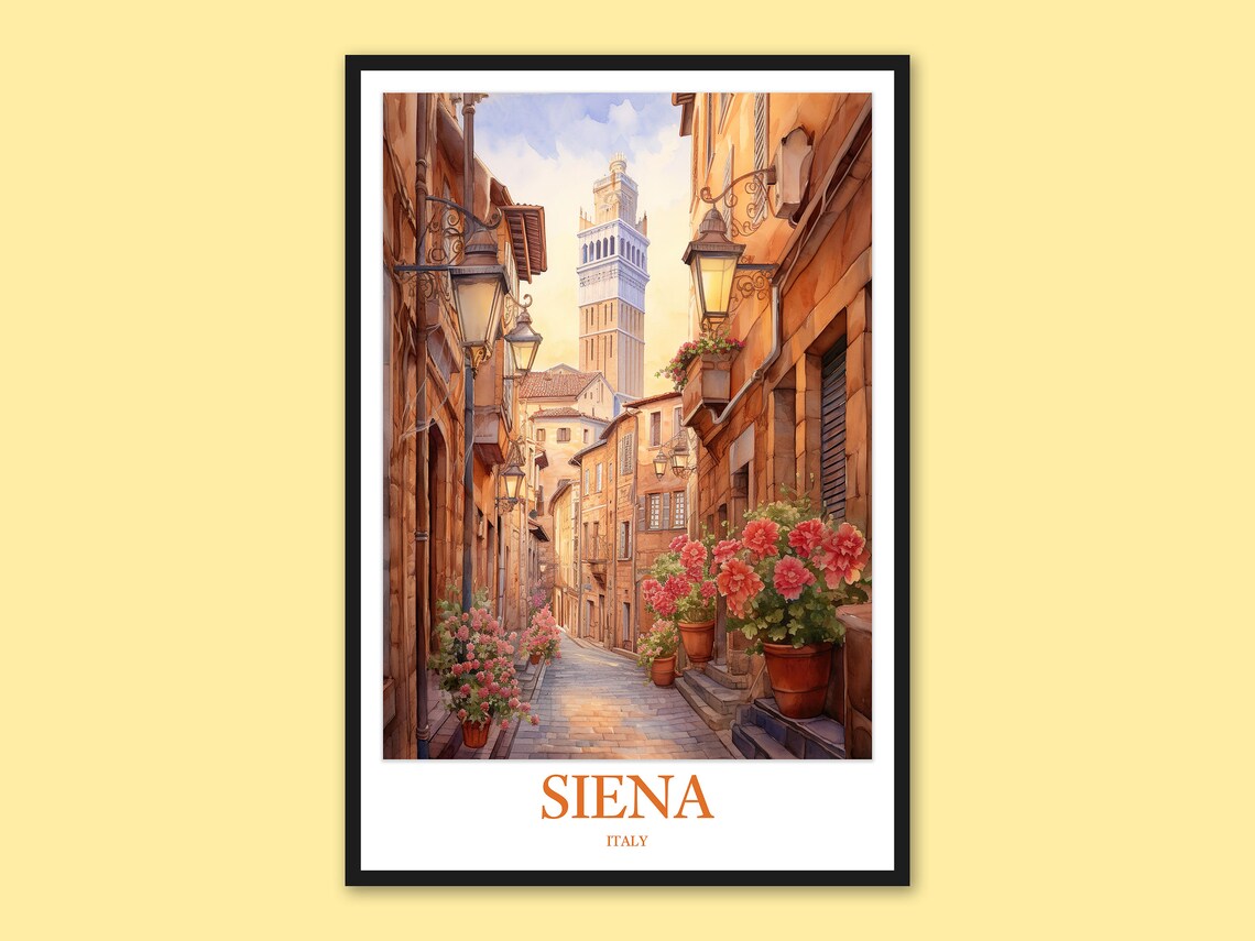 Siena Italy Cobblestone Street Flowers Torre Watercolor Travel Poster