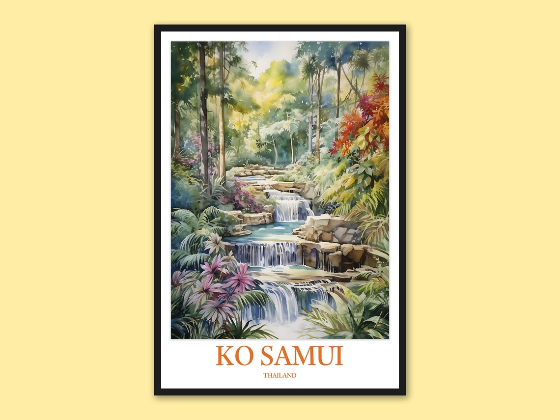 Ko Samui Thailand Tiered Jungle Waterfall Cascade Watercolor Poster