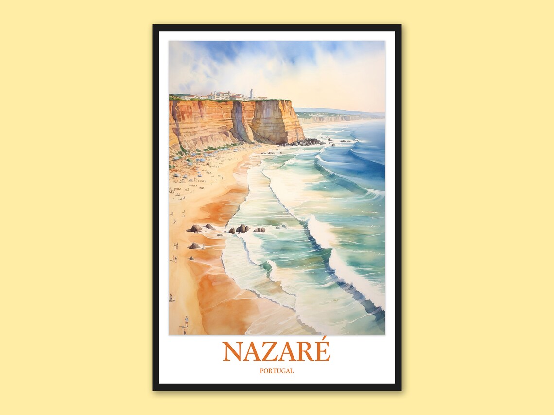Nazaré Portugal Golden Beach Cliff Aerial Watercolor Travel Poster